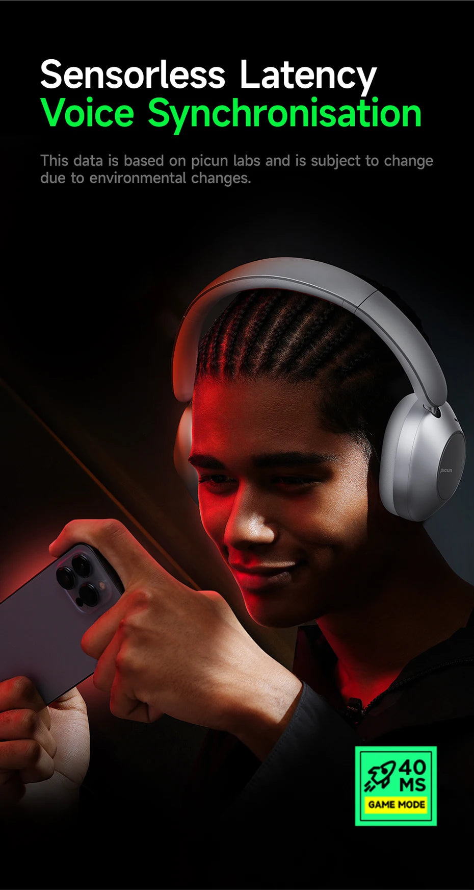 Picun F6 Active Noise Cancelling Wireless Headphones Head Tracking 3D Audio 40mm APP Control