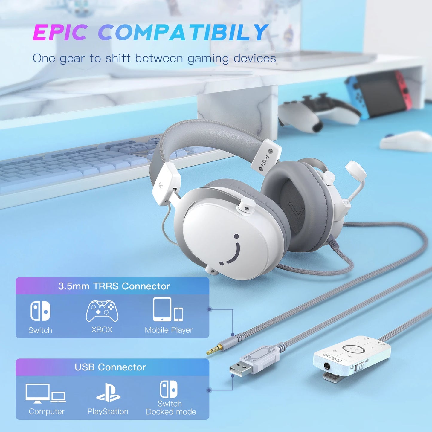 FIFINE USB Gaming Headset with 7.1 Surround Sound/3.5mm Jack Headphone for PC PS4/5 Xbox Ampligame H9W