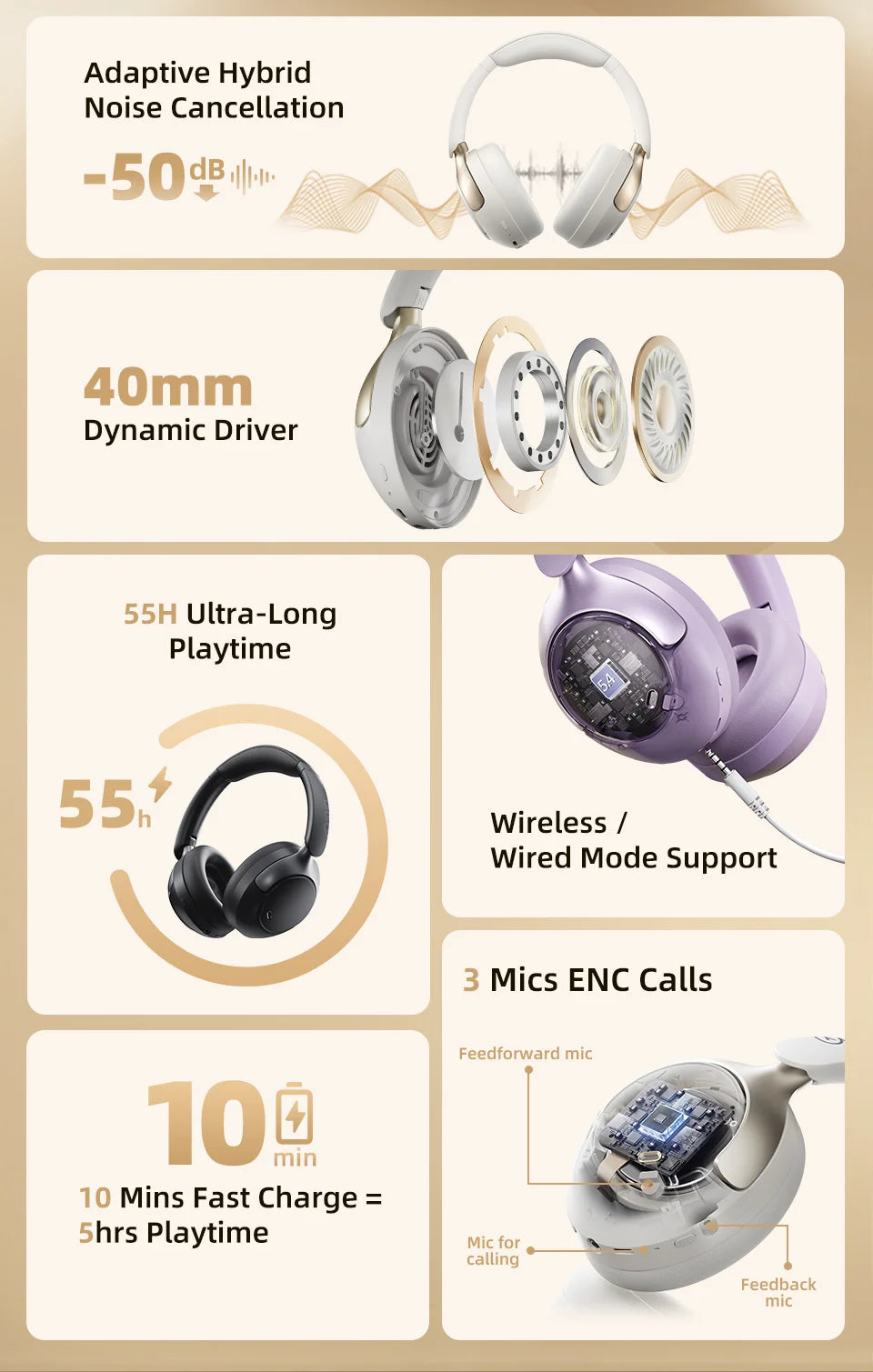 QCY H3 Pro ANC Wireless Headphone 50dB Noise Canceling