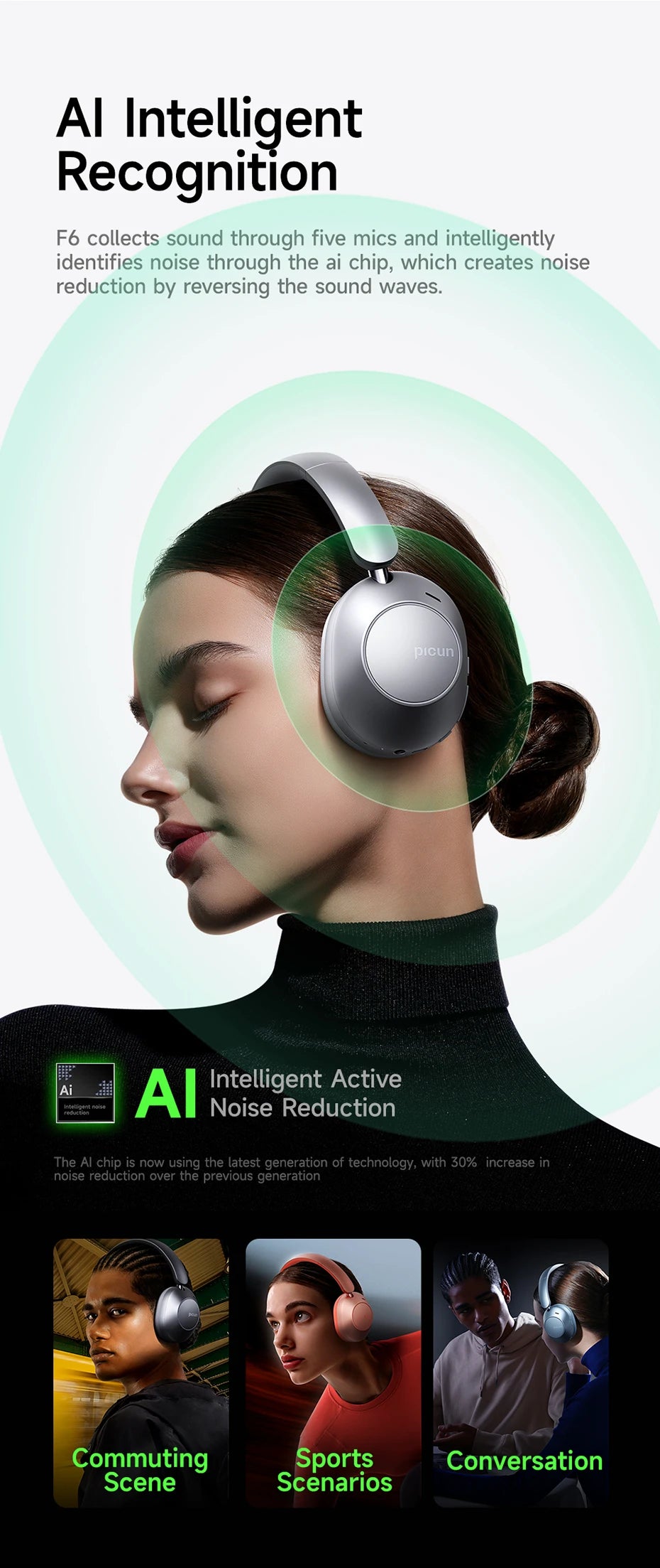 Picun F6 Active Noise Cancelling Wireless Headphones Head Tracking 3D Audio 40mm APP Control
