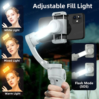 3-Axis Smartphone Gimbal Stabilizer with Anti-Shake, Built-in Fill Light, Ideal for iPhone Android Vlogging and Tiktok