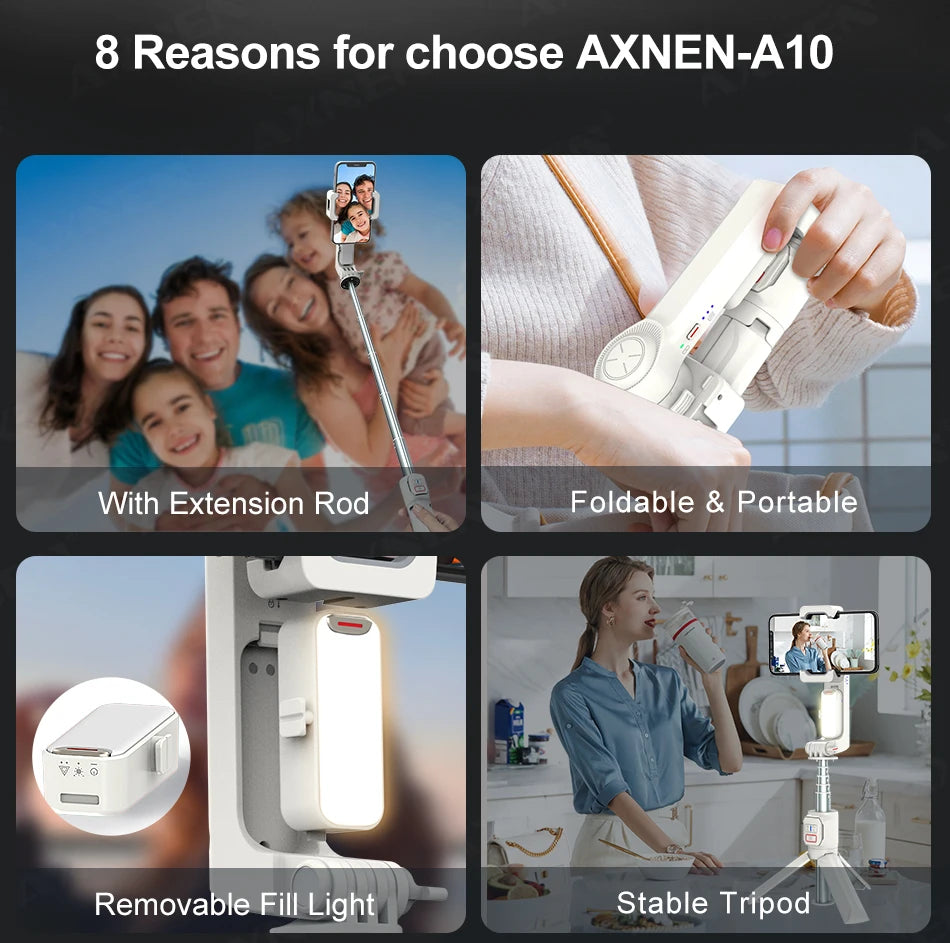 AXNEN A10 Handheld Gimbal Smartphone Stabilizer with Fill Light Extension for iPhone Samsung