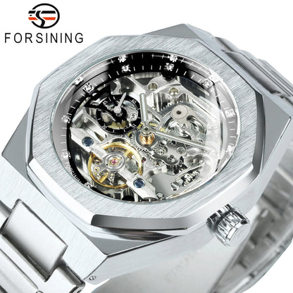 Forsining Casual  Mechanical Watch for Men Luminous Hands Stainless Steel Strap Men's Watches