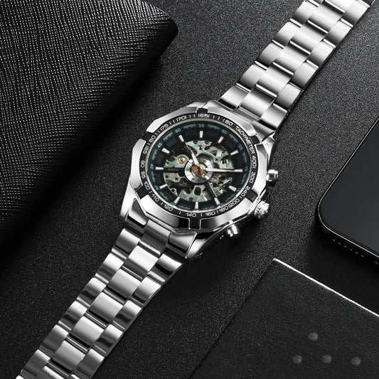 WINNER Classic Skeleton Watch for Men Stainless Steel Strap