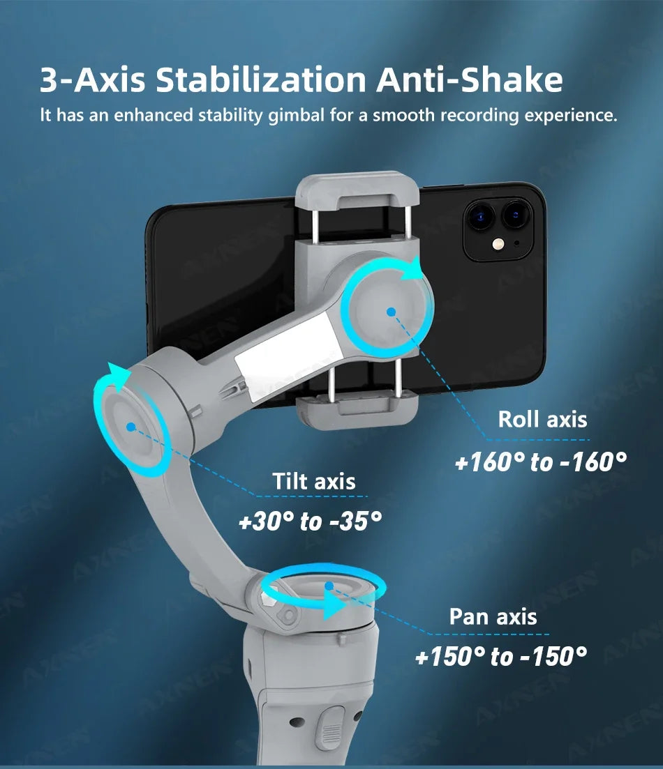3-Axis Smartphone Gimbal Stabilizer with Anti-Shake, Built-in Fill Light, Ideal for iPhone Android Vlogging and Tiktok