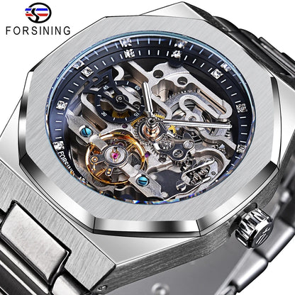 Forsining Casual  Mechanical Watch for Men Luminous Hands Stainless Steel Strap Men's Watches