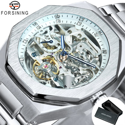 Forsining Casual  Mechanical Watch for Men Luminous Hands Stainless Steel Strap Men's Watches