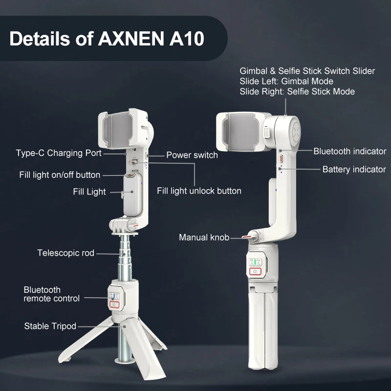 AXNEN A10 Handheld Gimbal Smartphone Stabilizer with Fill Light Extension for iPhone Samsung