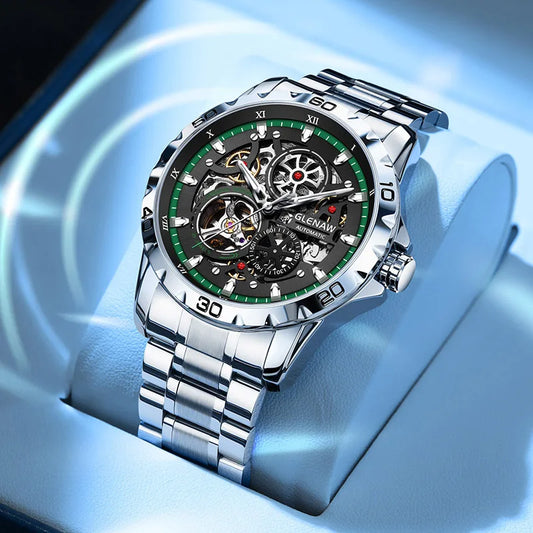 GLENAW Skeleton Men's Watch Ring Luxury Stainless Steel Strap