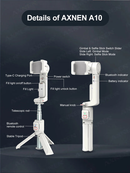 AXNEN A10 Handheld Gimbal Smartphone Stabilizer with Fill Light Extension for iPhone Samsung