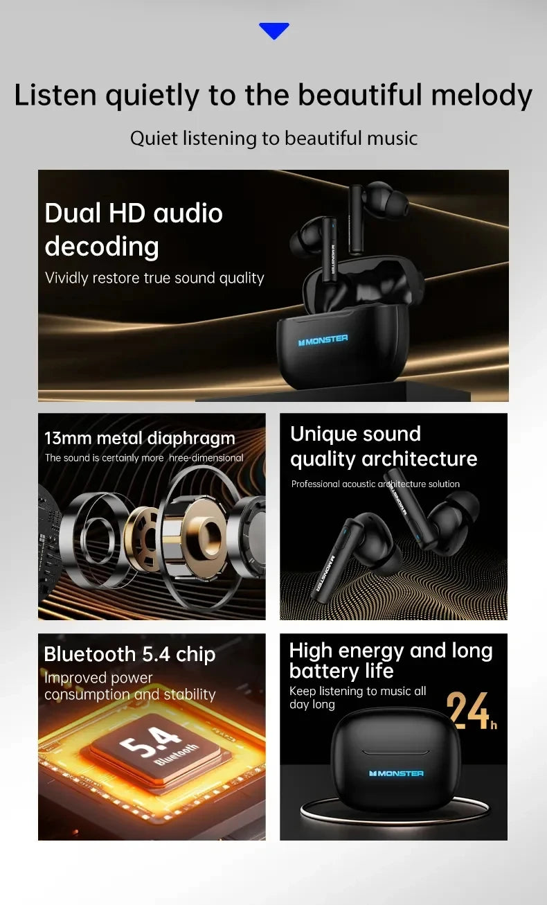 Monster XKT26 Bluetooth 5.4 Earphones Headset Noise Reduction
