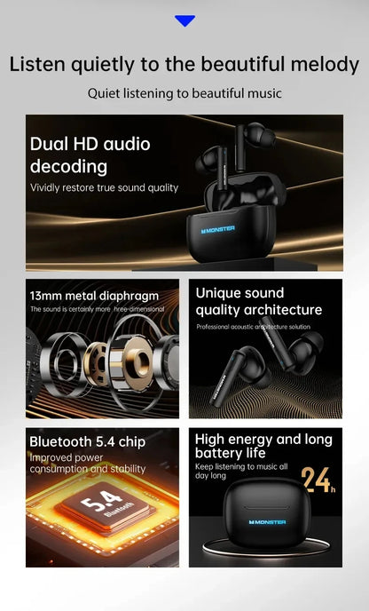 Monster XKT26 Bluetooth 5.4 Earphones Headset Noise Reduction